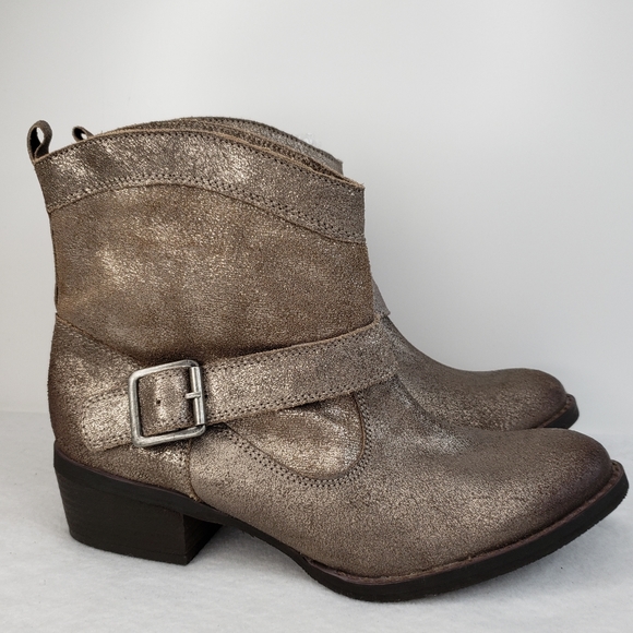 Naughty Monkey Gold Metallic Distressed Leather Pull On Moto Ankle Boots Sz 8.5. - Picture 3 of 9
